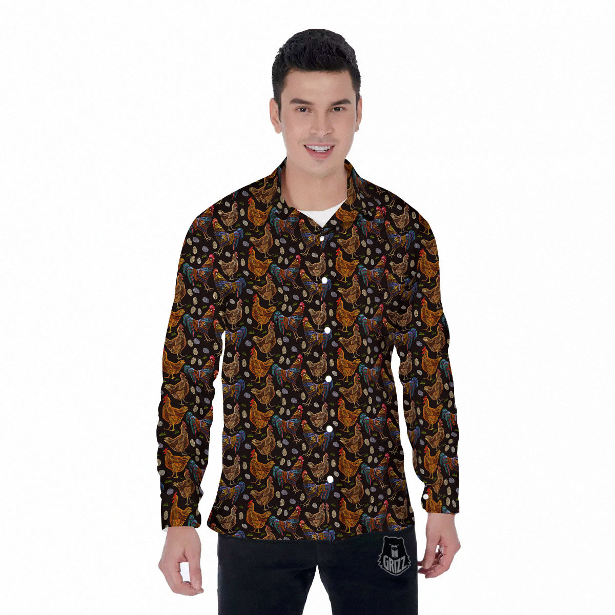 Rooster Embroidery Print Pattern Men's Long Sleeve Shirts-grizzshop