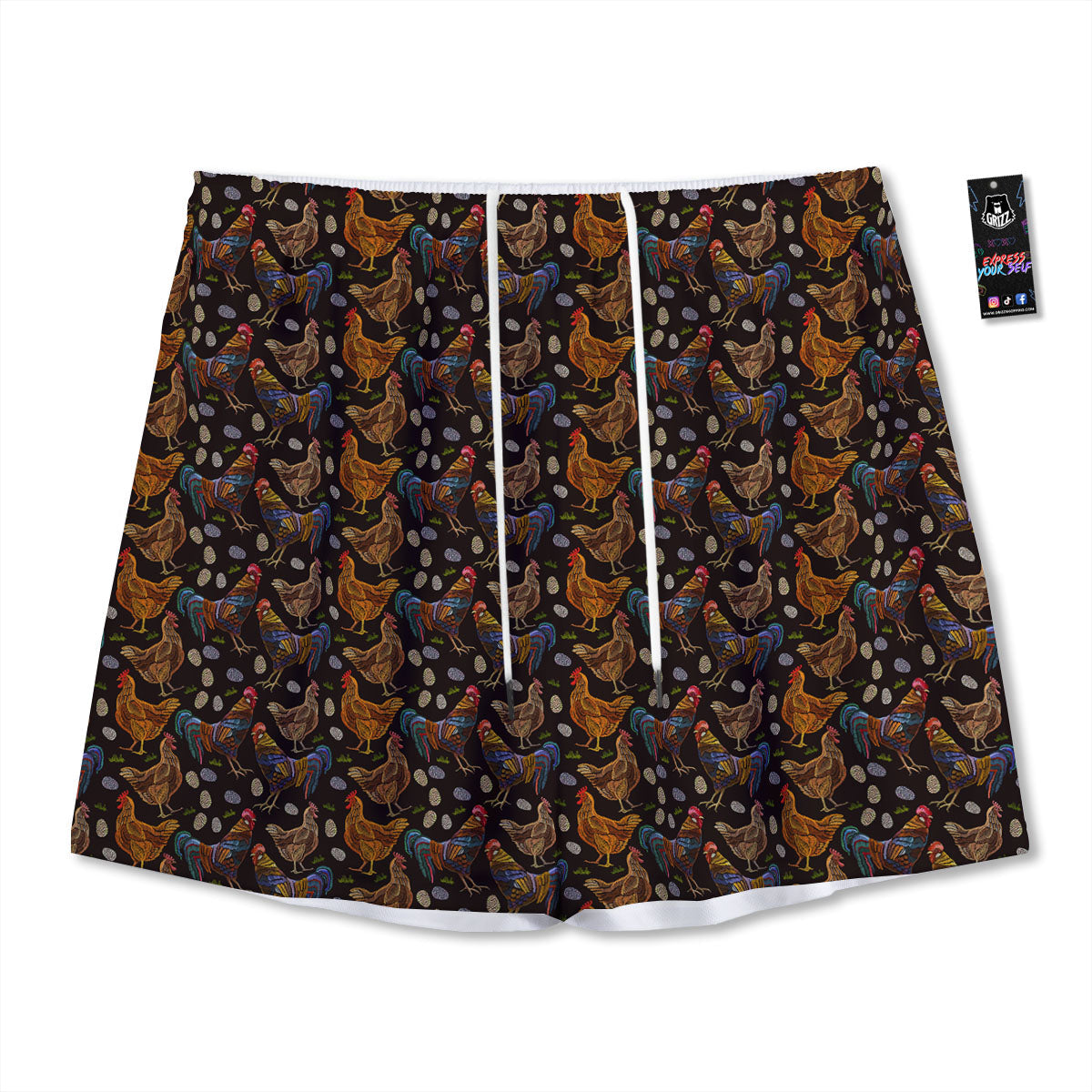 Rooster Embroidery Print Pattern Mesh Shorts