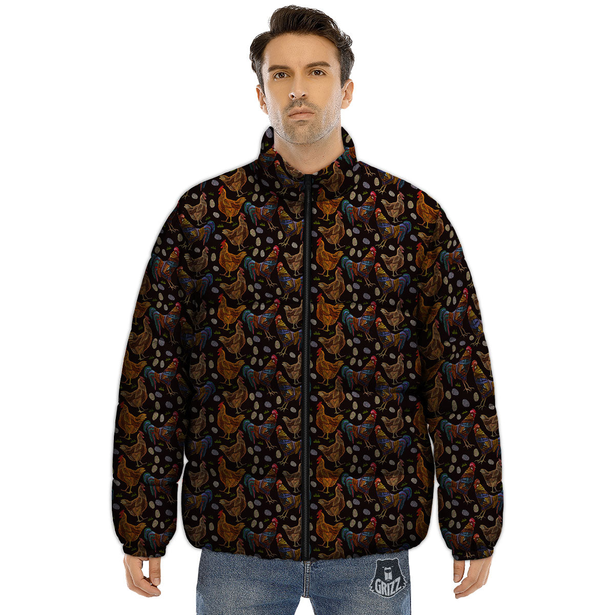 Rooster Embroidery Print Pattern Puffer Jacket-grizzshop