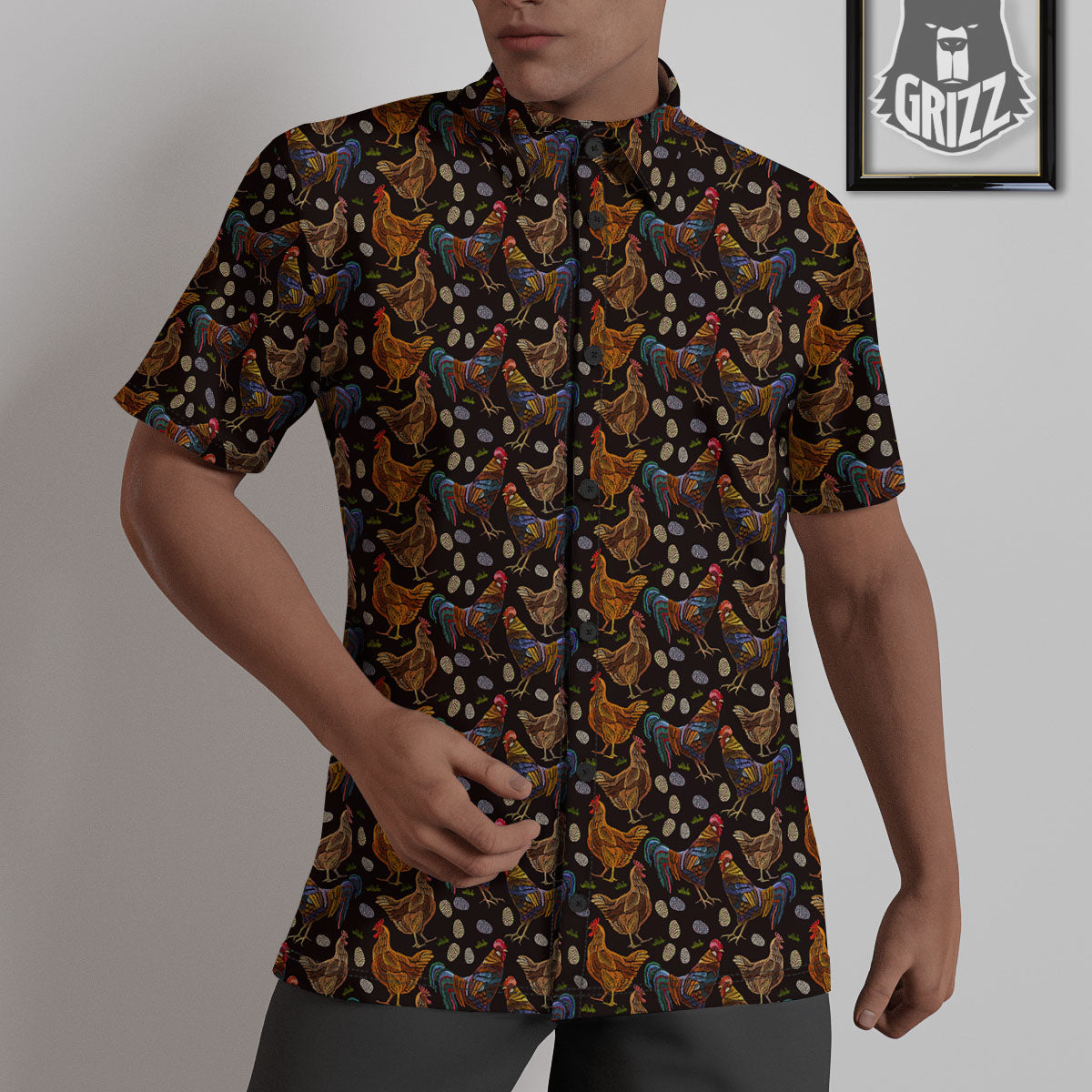 Rooster Embroidery Print Pattern Untucked Shirts-grizzshop