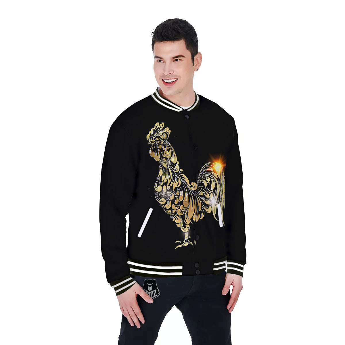 Rooster Golden Print Baseball Jacket-grizzshop
