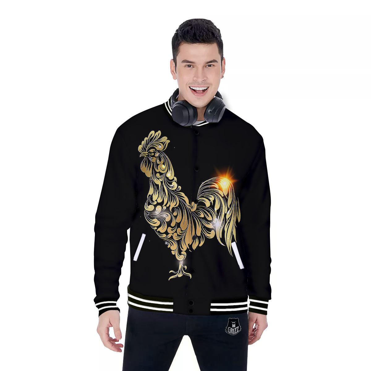 Rooster Golden Print Baseball Jacket-grizzshop