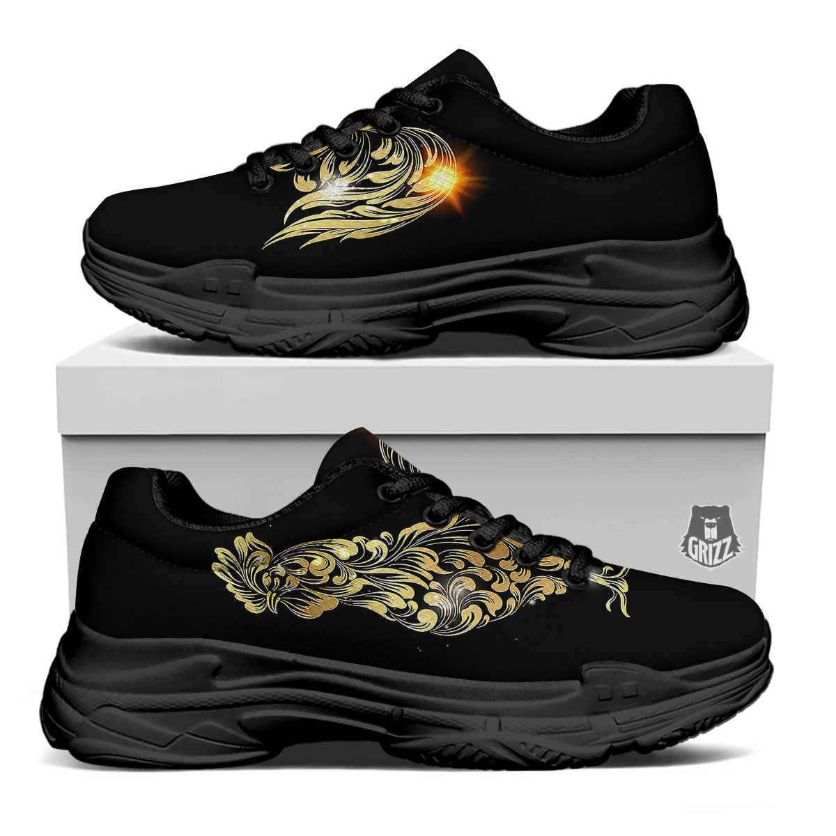 Rooster Golden Print Black Chunky Shoes-grizzshop
