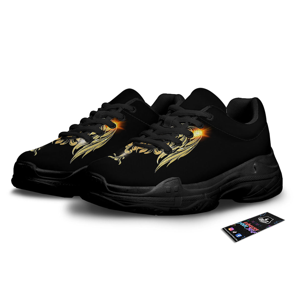 Rooster Golden Print Black Chunky Shoes-grizzshop