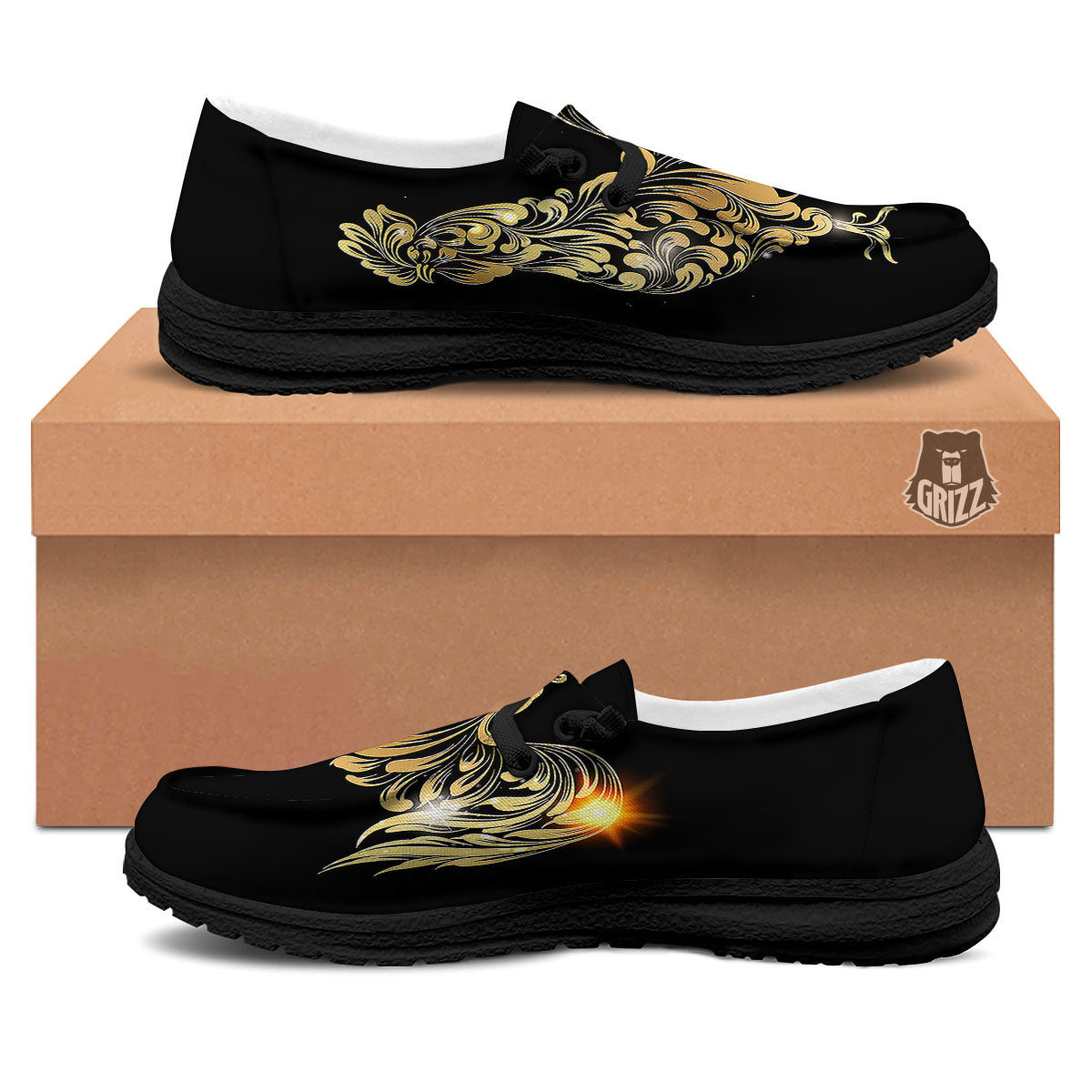 Rooster Golden Print Black Loafers-grizzshop