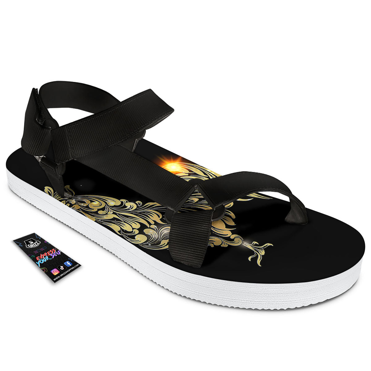Rooster Golden Print Black Open Toe Sandals-grizzshop