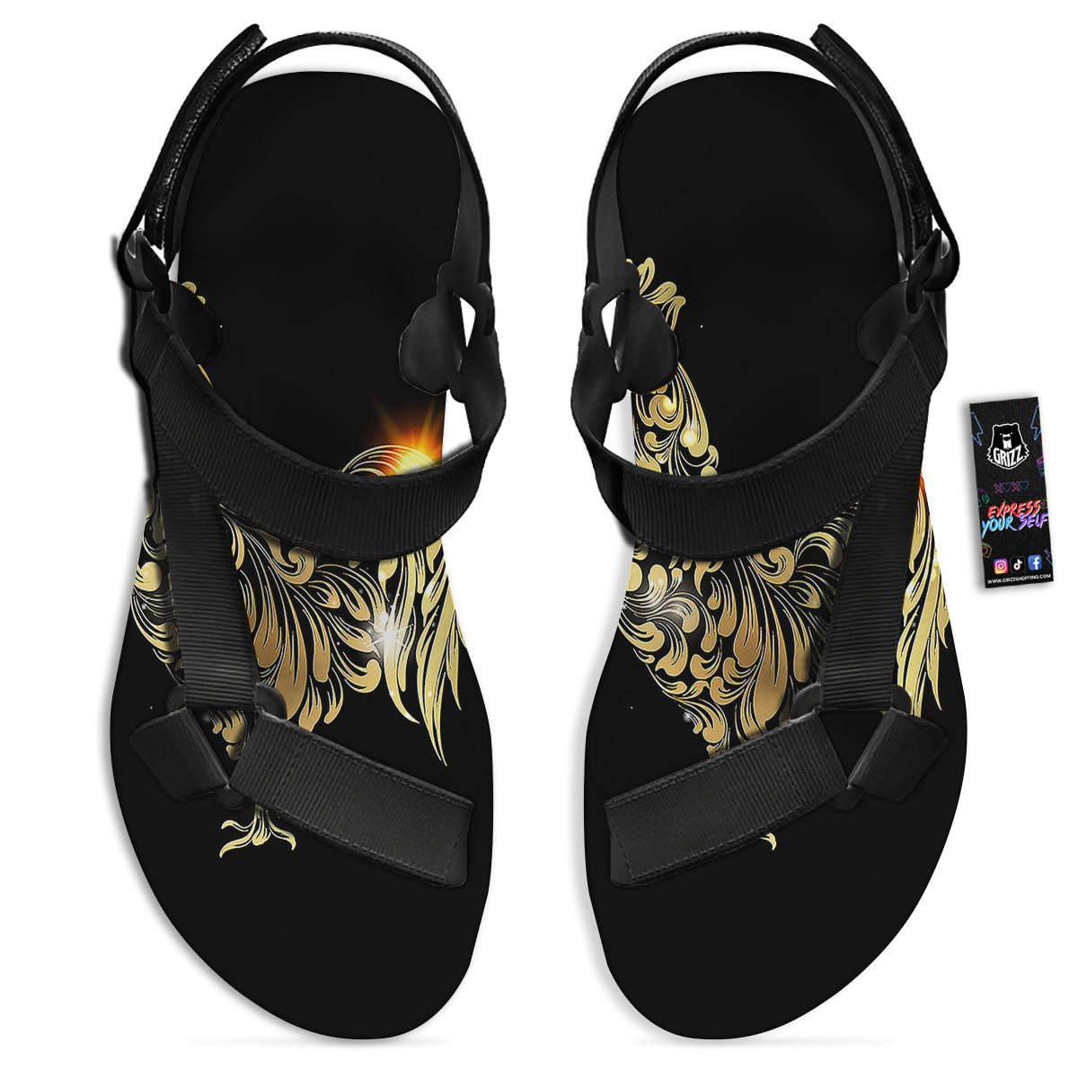 Rooster Golden Print Black Open Toe Sandals-grizzshop