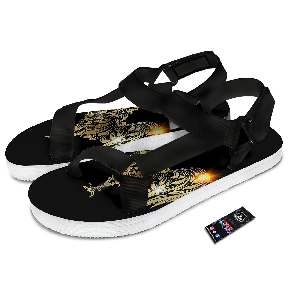 Rooster Golden Print Black Open Toe Sandals-grizzshop