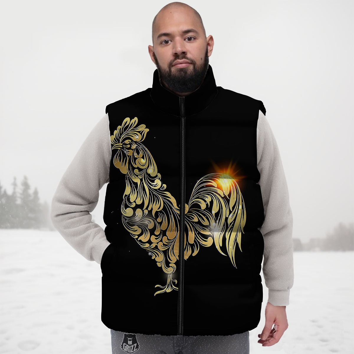 Rooster Golden Print Down Vest