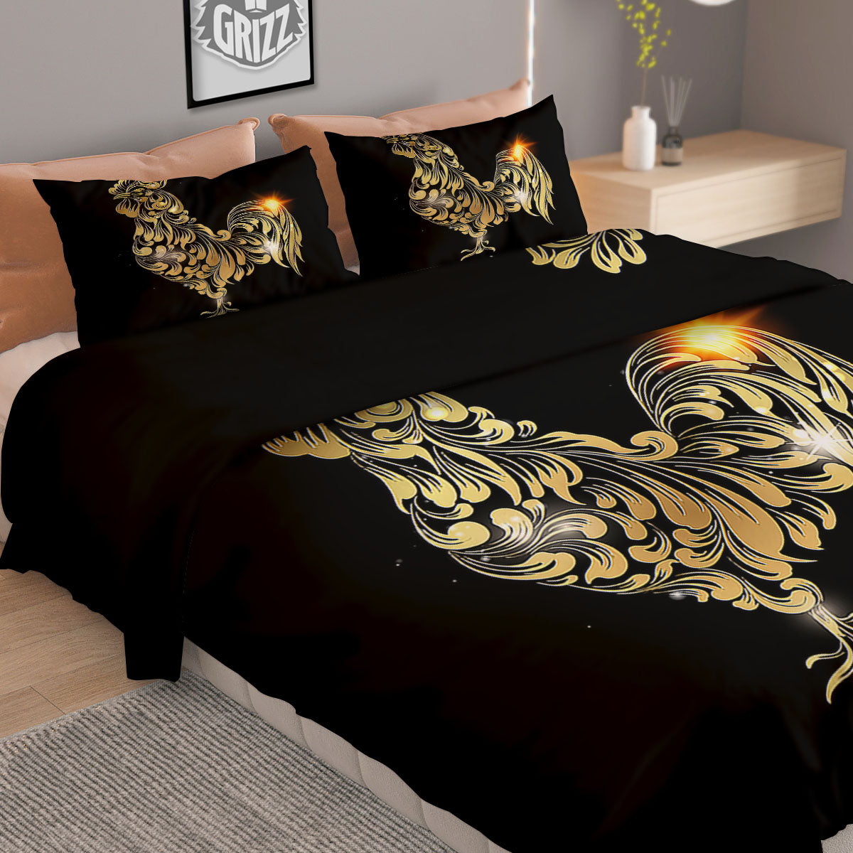 Rooster Golden Print Duvet Cover Bedding Set