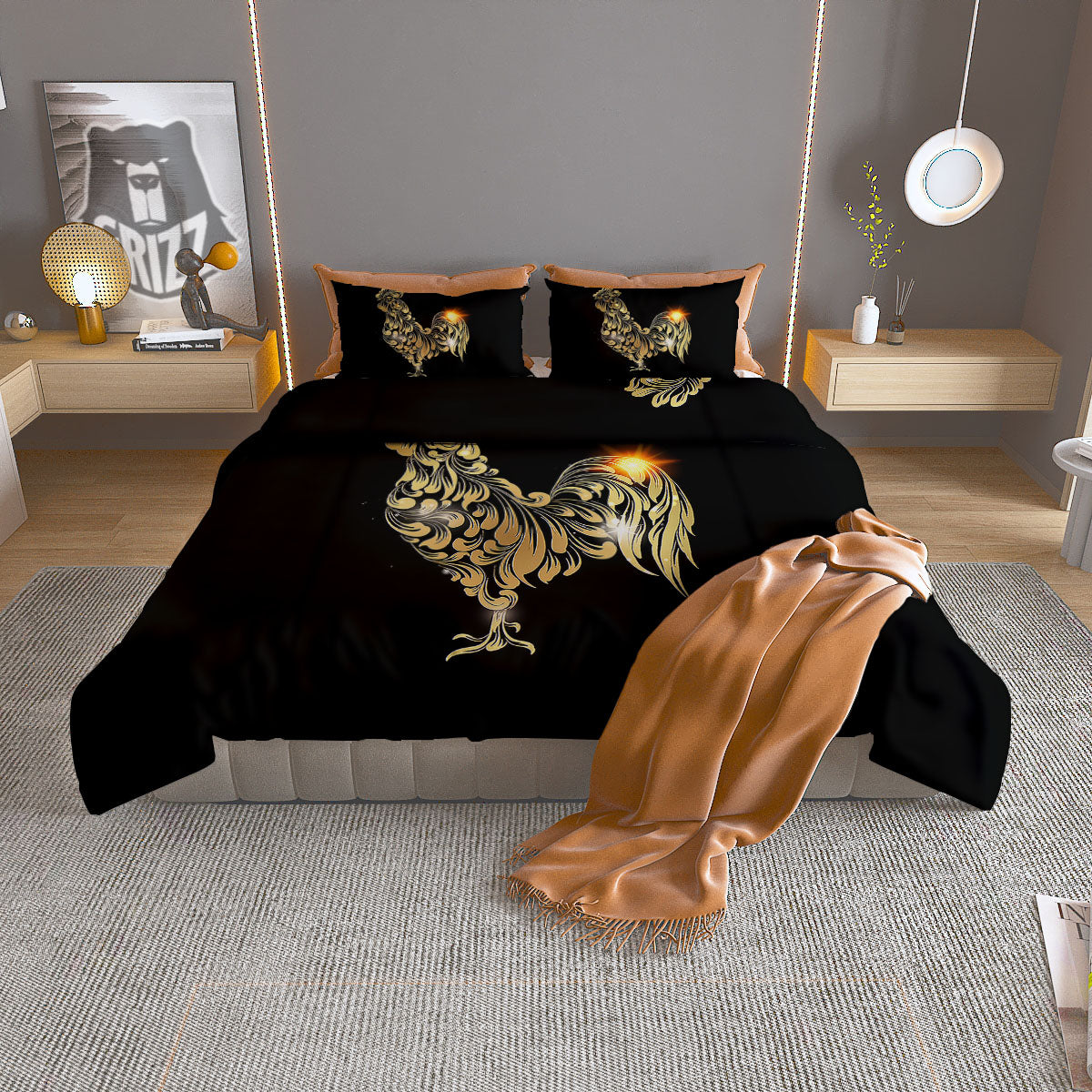 Rooster Golden Print Duvet Cover Bedding Set
