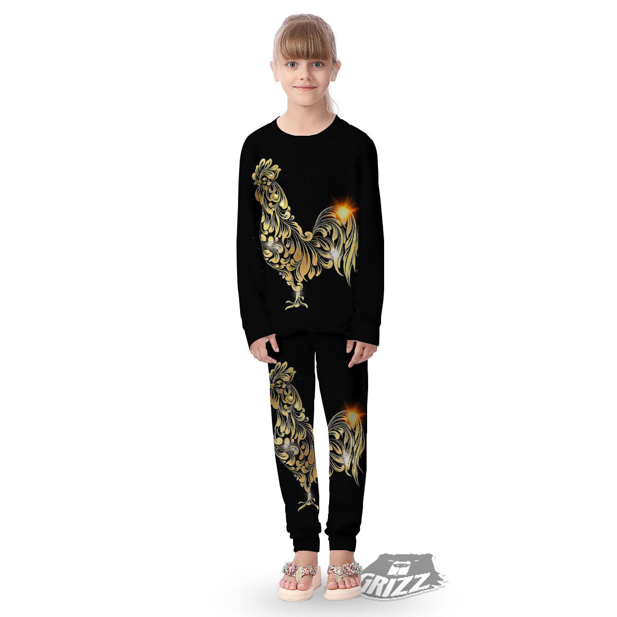 Rooster Golden Print Kid's Pajamas-grizzshop