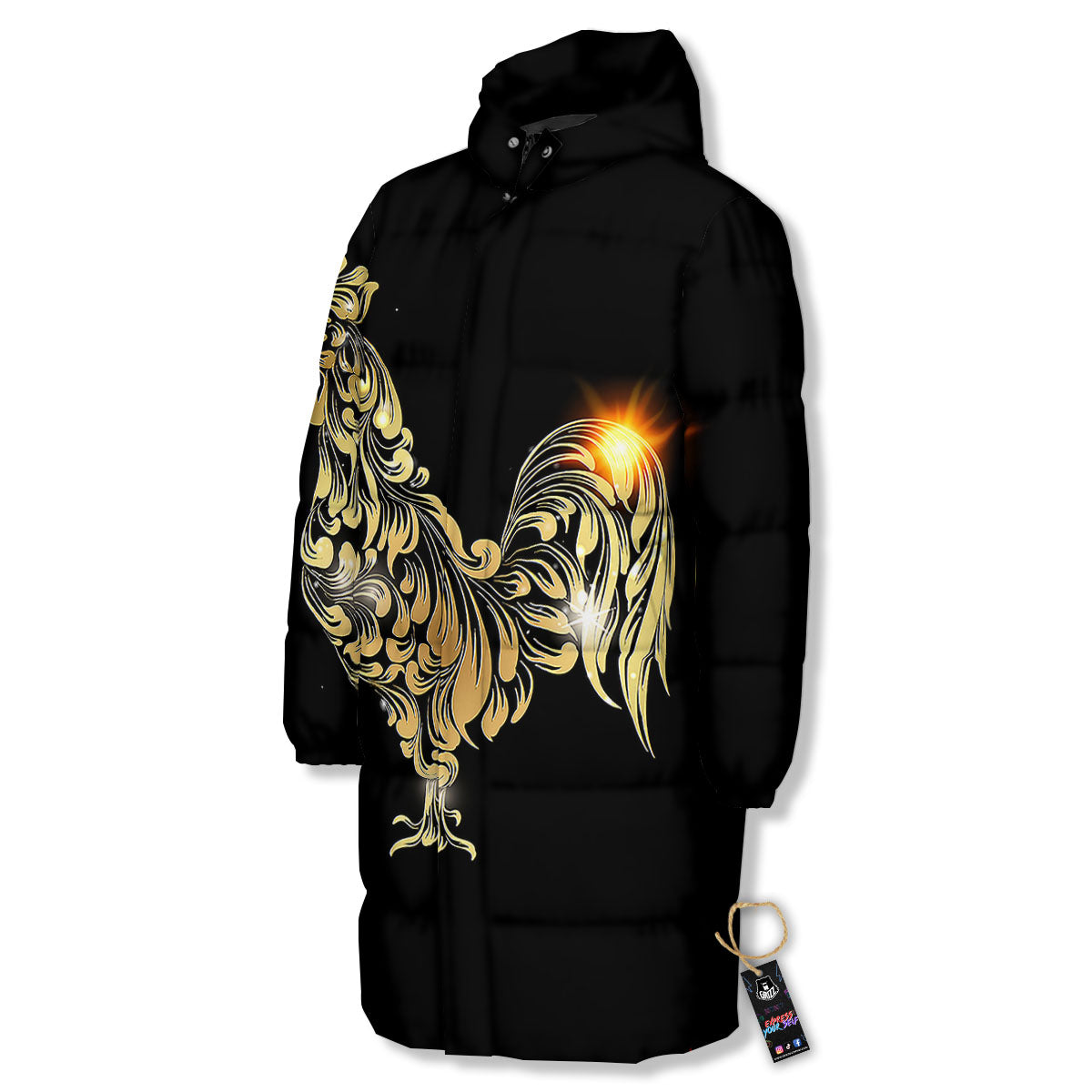 Rooster Golden Print Long Down Jacket-grizzshop