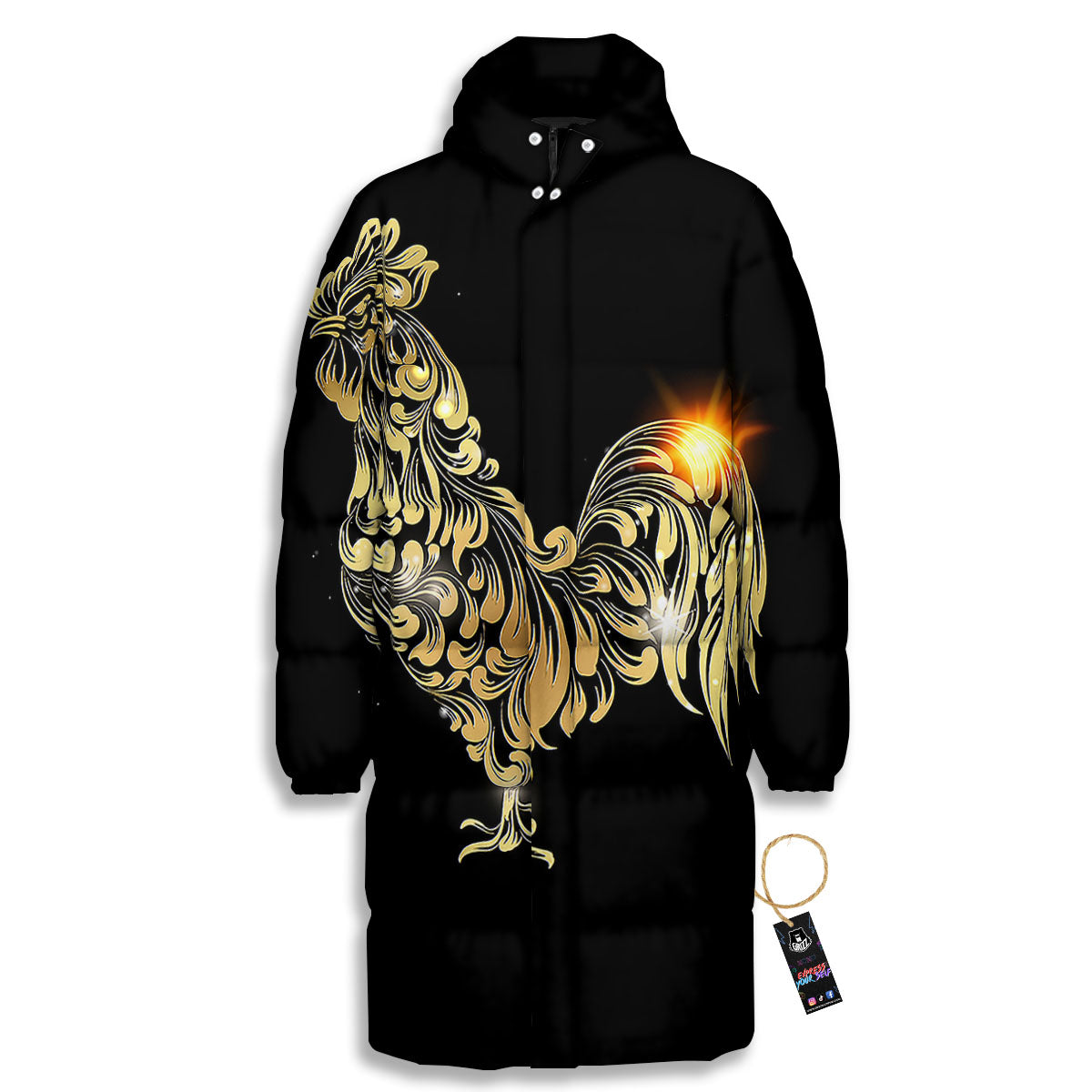 Rooster Golden Print Long Down Jacket-grizzshop