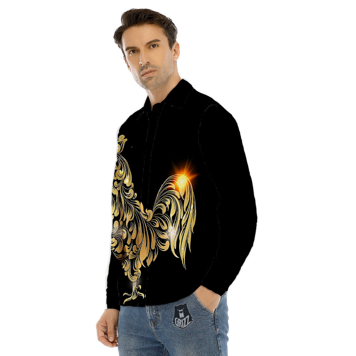 Rooster Golden Print Men's Dress Shirts-grizzshop