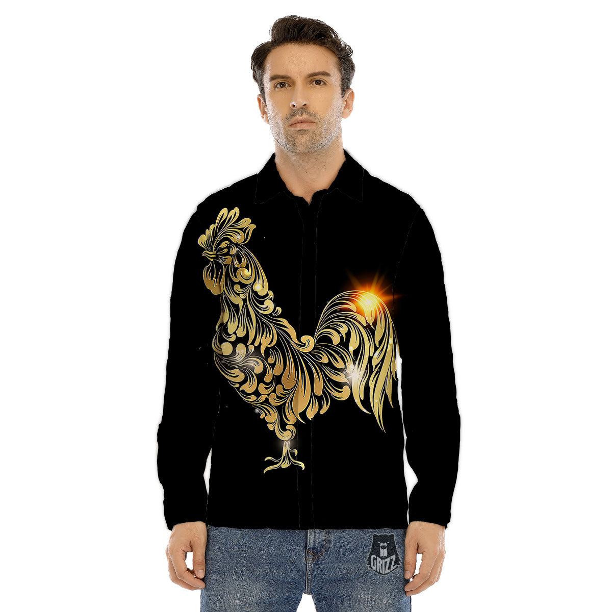 Rooster Golden Print Men's Dress Shirts-grizzshop
