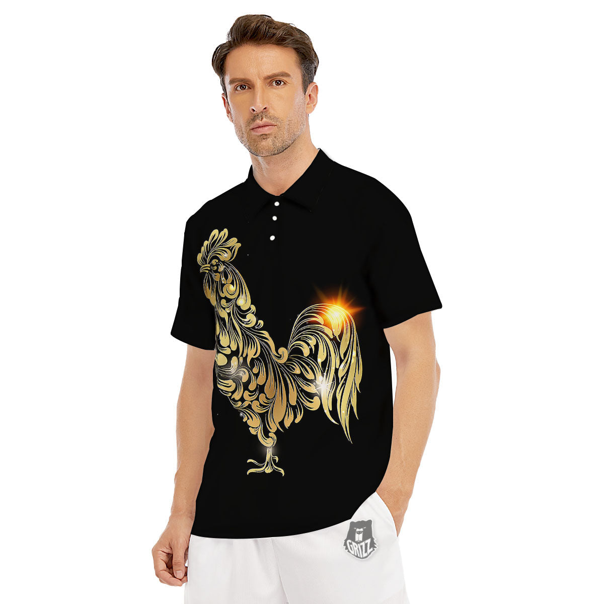 Rooster Golden Print Men's Golf Shirts-grizzshop