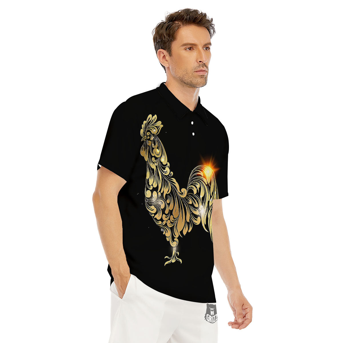 Rooster Golden Print Men's Golf Shirts-grizzshop