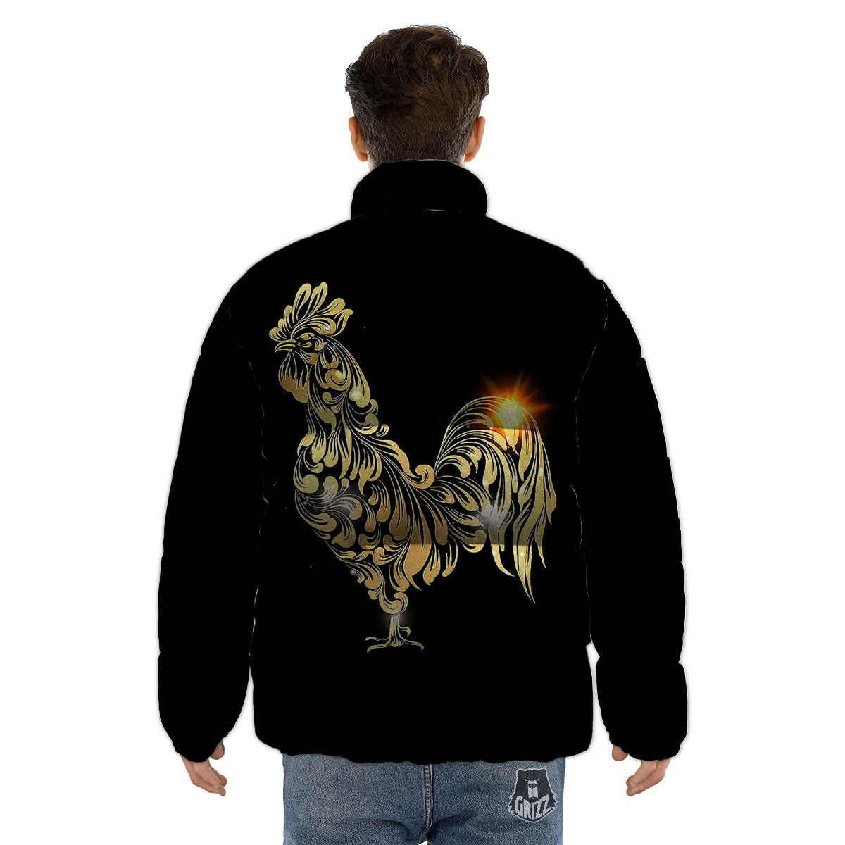 Rooster Golden Print Puffer Jacket-grizzshop
