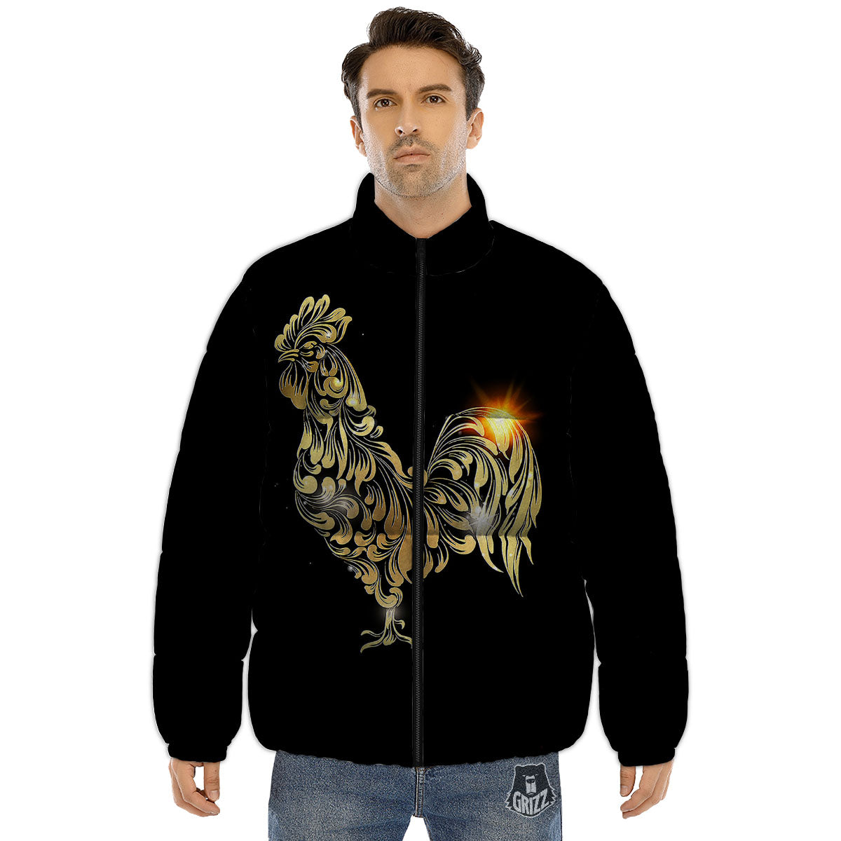 Rooster Golden Print Puffer Jacket-grizzshop