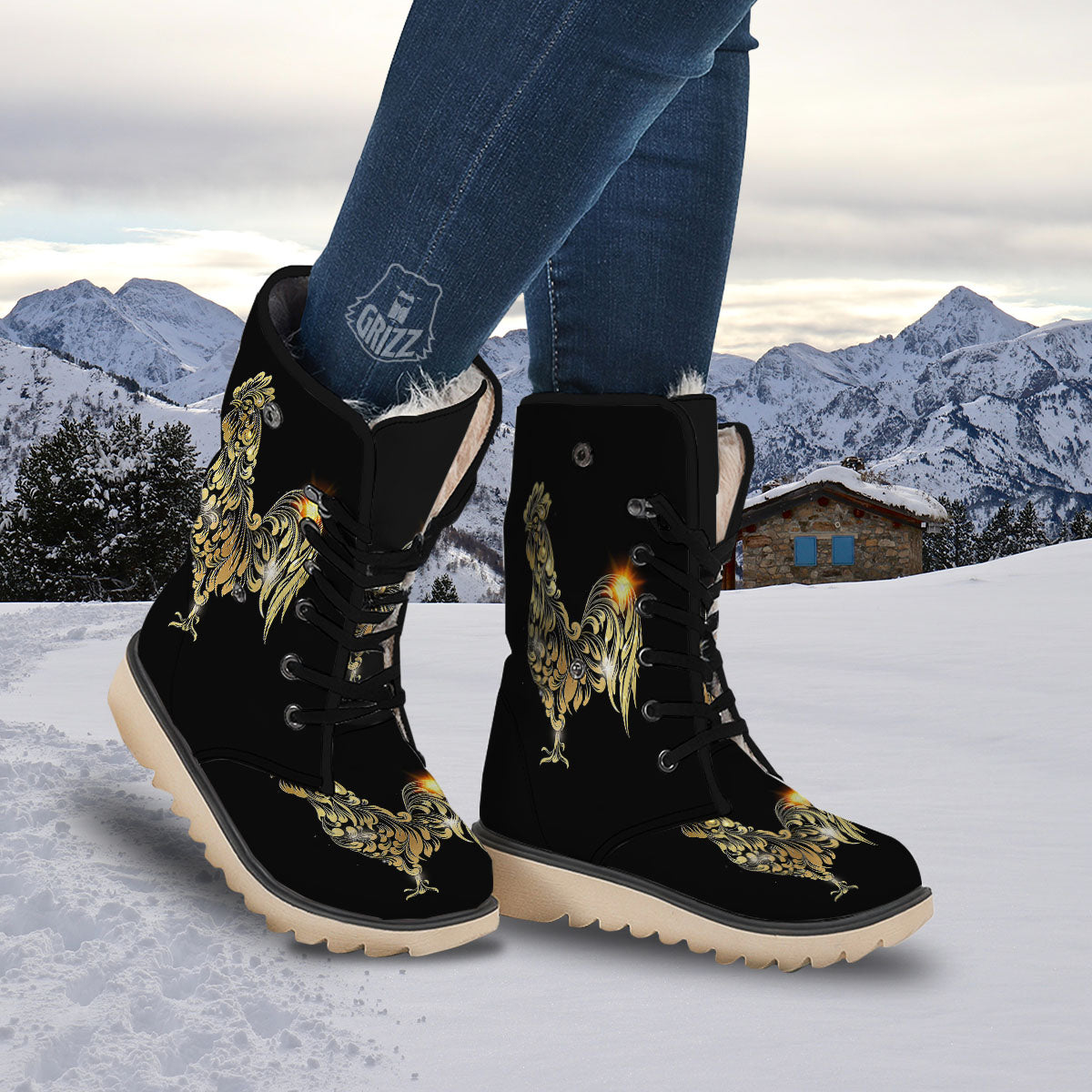 Rooster Golden Print Snow Boots-grizzshop