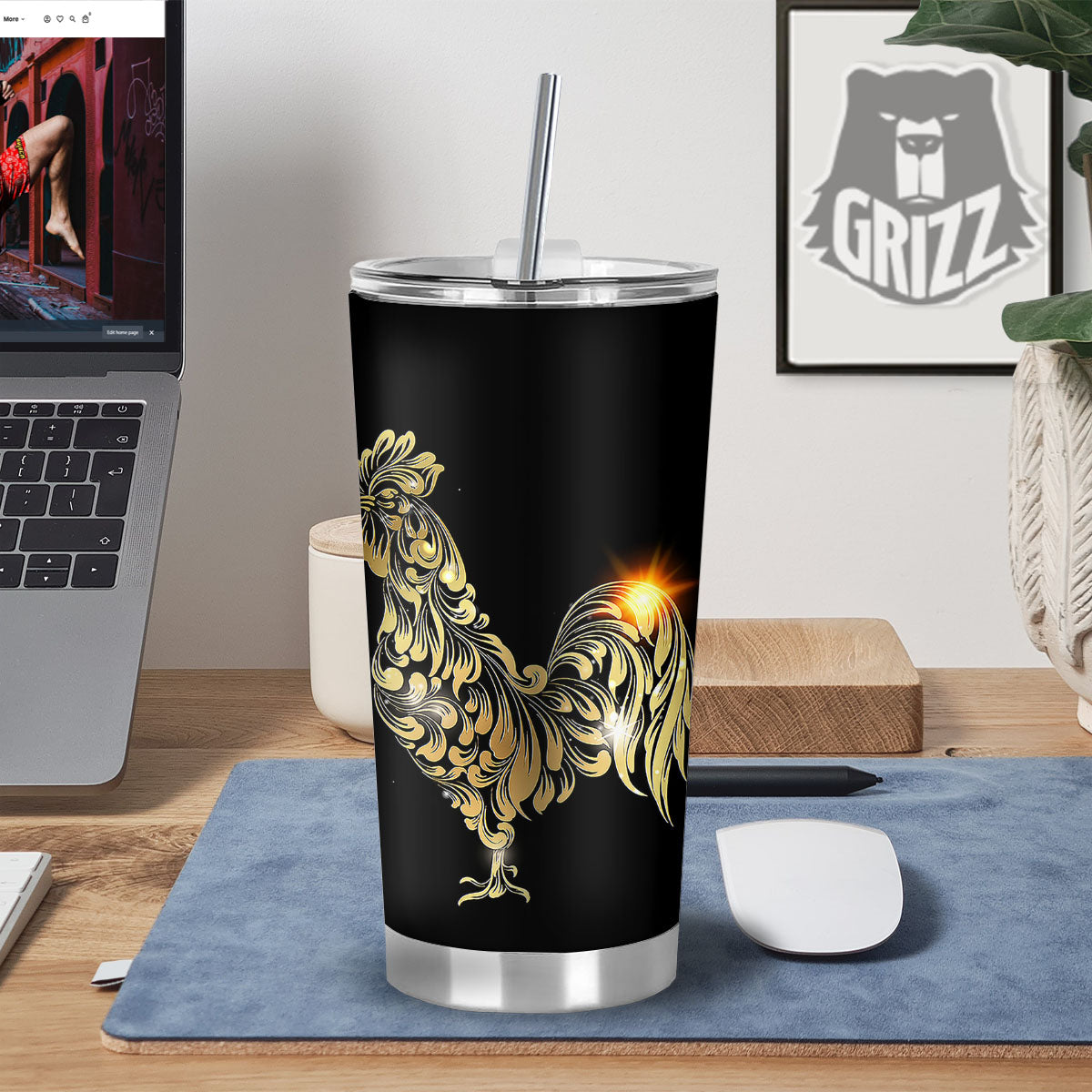 Rooster Golden Print Tumbler-grizzshop