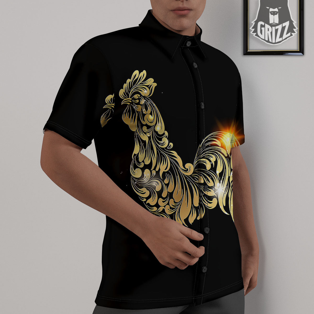 Rooster Golden Print Untucked Shirts-grizzshop