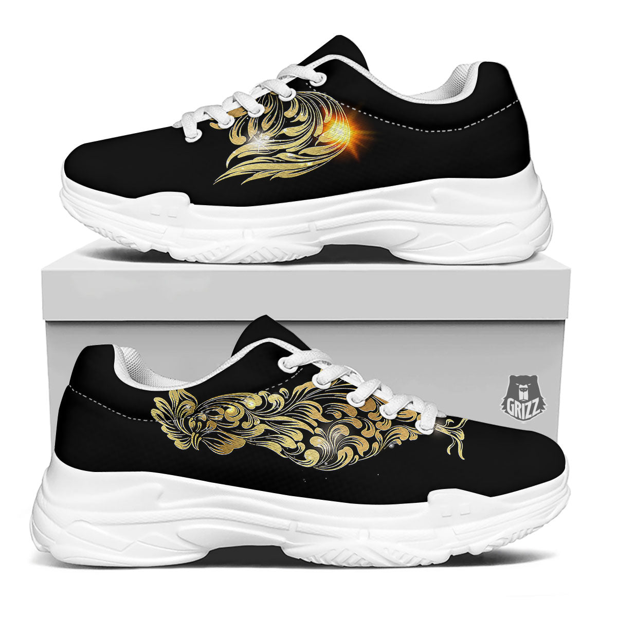 Rooster Golden Print White Chunky Shoes-grizzshop