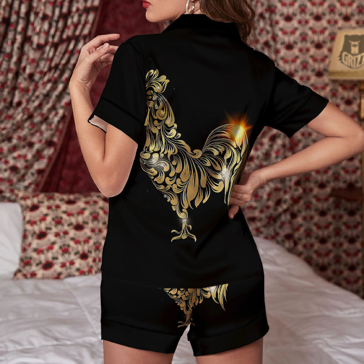 Rooster Golden Print Women Silk Pajamas-grizzshop