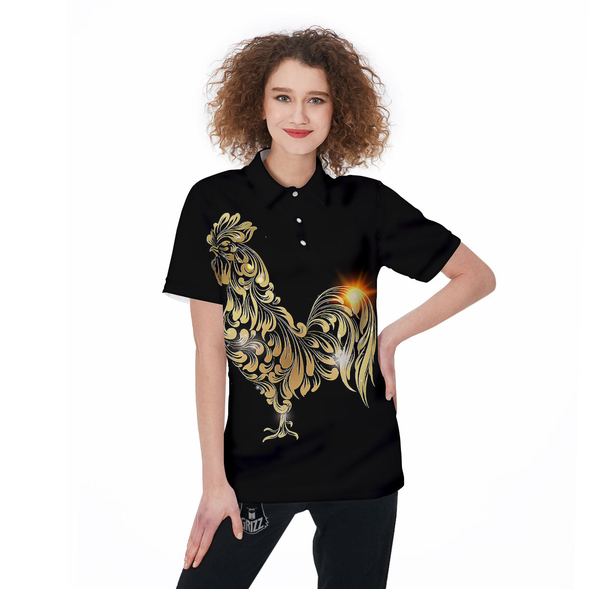 Rooster Golden Print Women's Golf Shirts-grizzshop