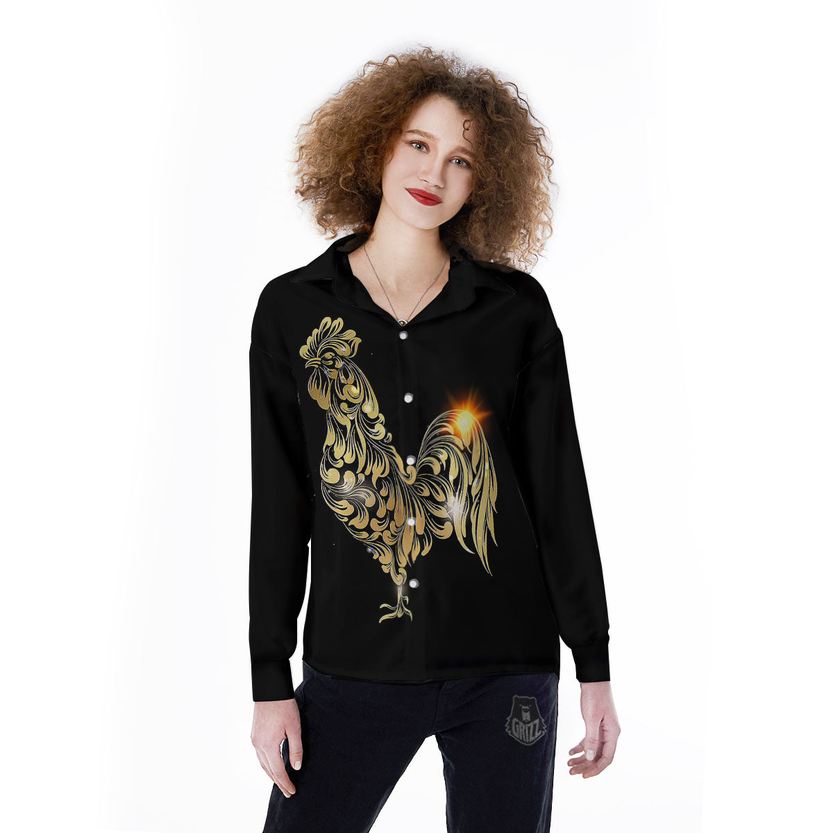 Rooster Golden Print Women's Long Sleeve Shirts-grizzshop