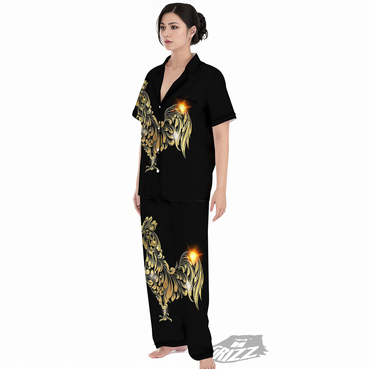 Rooster Golden Print Women's Pajamas Set-grizzshop