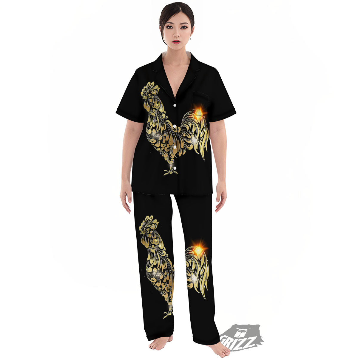 Rooster Golden Print Women's Pajamas Set-grizzshop