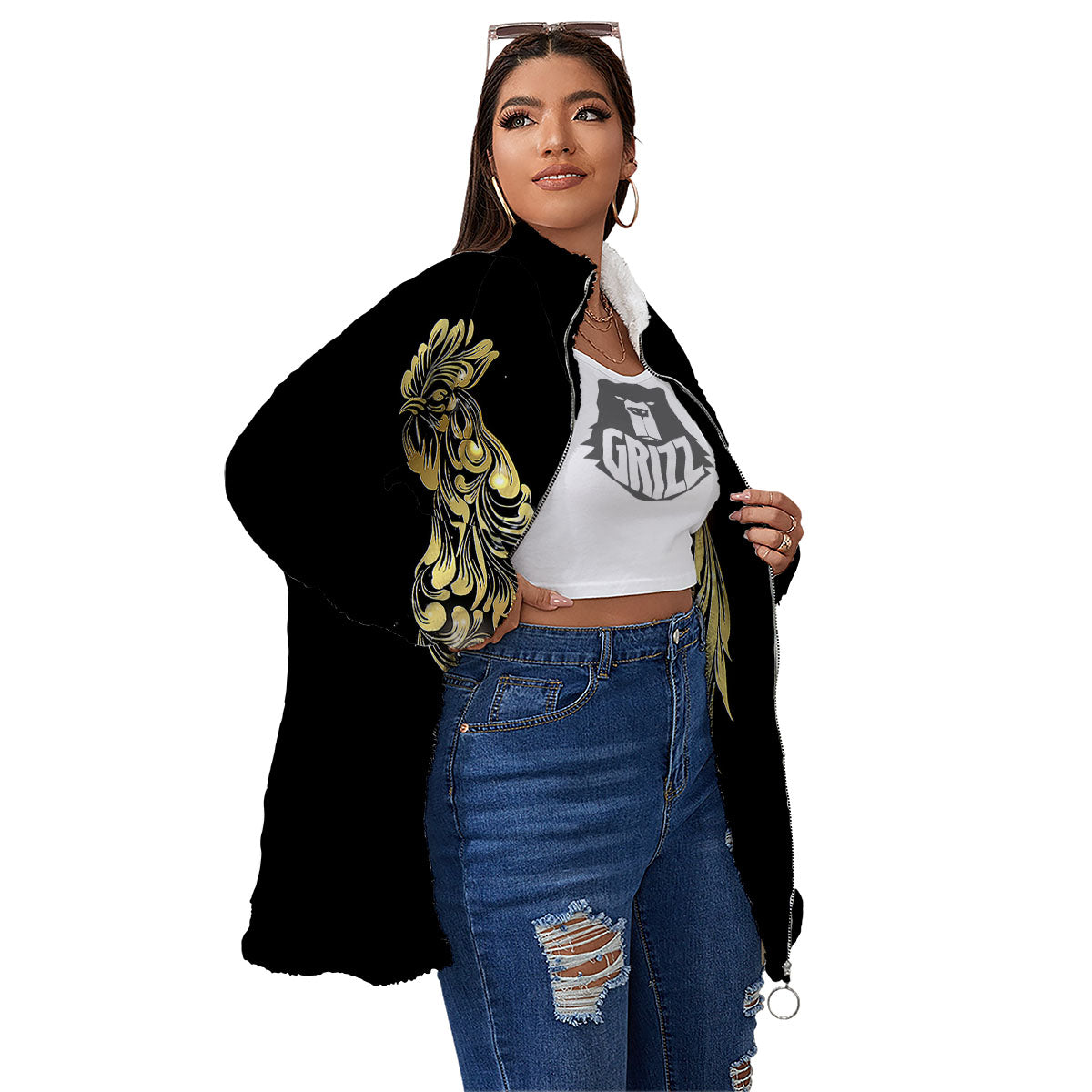 Rooster Golden Print Women's Sherpa Jacket-grizzshop