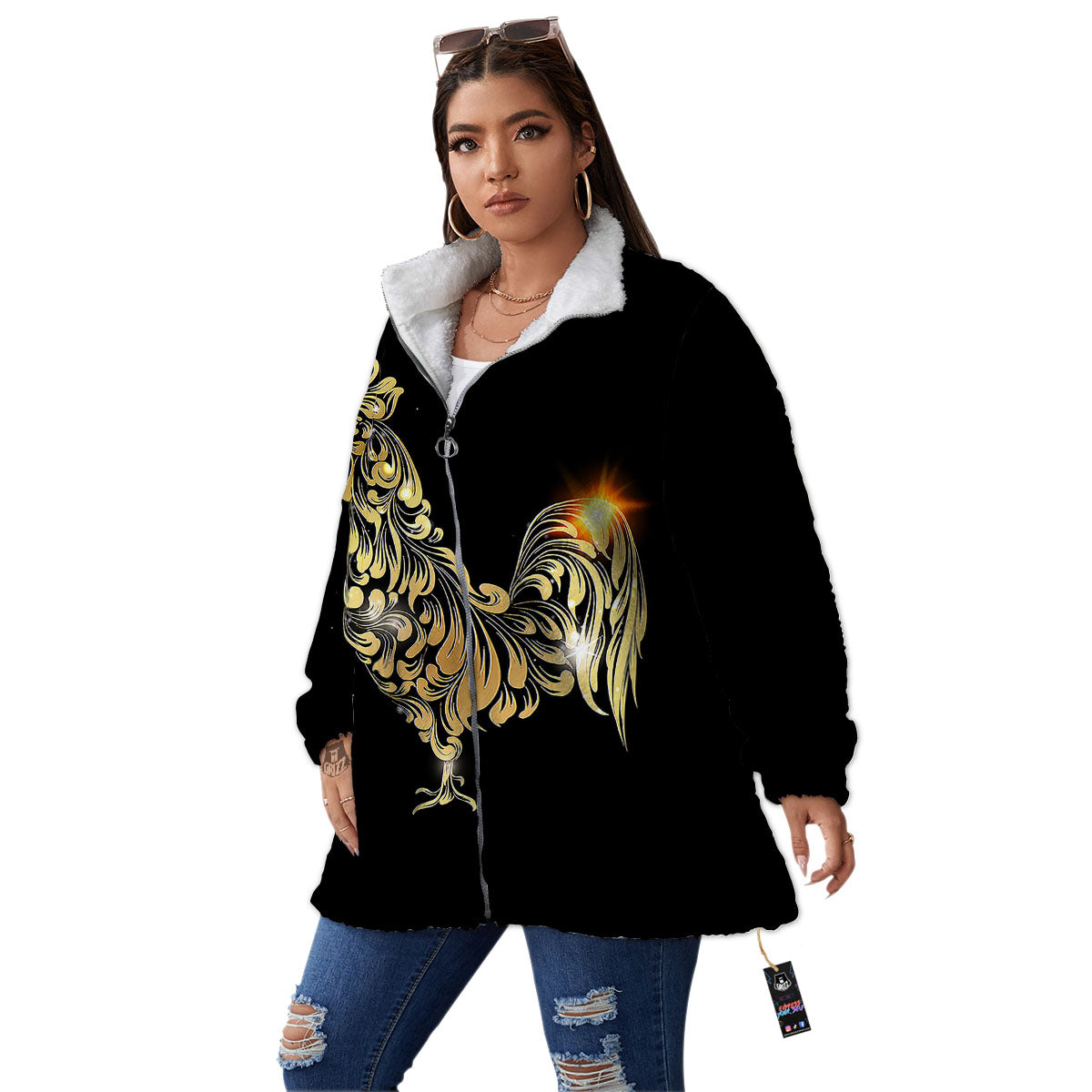 Rooster Golden Print Women's Sherpa Jacket-grizzshop