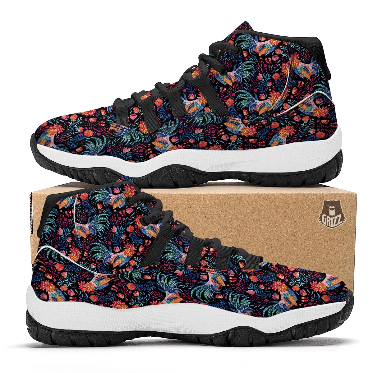 Rooster Hand Drawn Pattern Print Black Bball Shoes-grizzshop