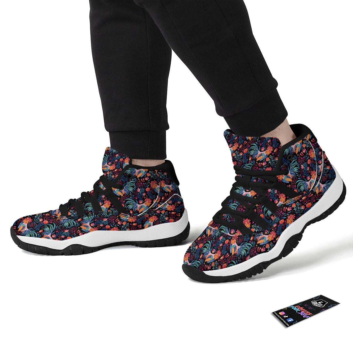 Rooster Hand Drawn Pattern Print Black Bball Shoes-grizzshop