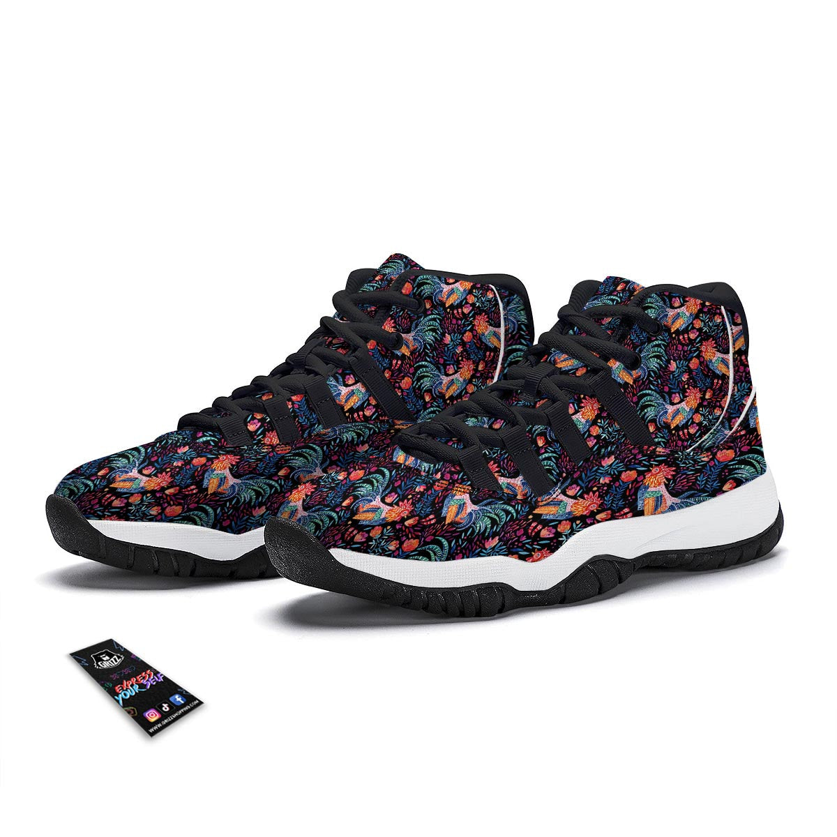 Rooster Hand Drawn Pattern Print Black Bball Shoes-grizzshop