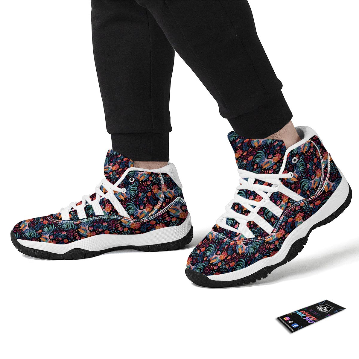 Rooster Hand Drawn Pattern Print White Bball Shoes-grizzshop