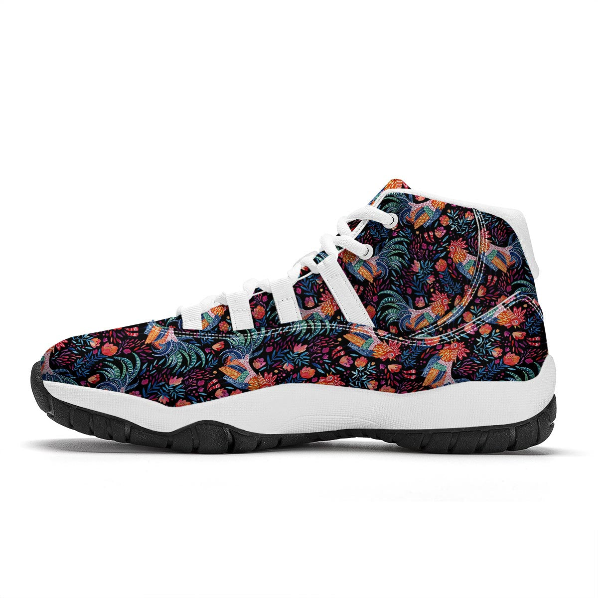 Rooster Hand Drawn Pattern Print White Bball Shoes-grizzshop
