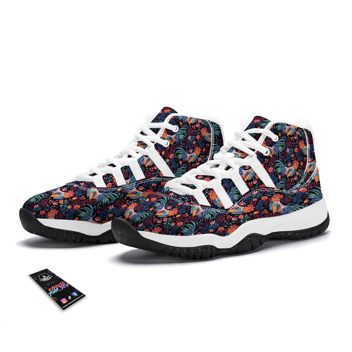 Rooster Hand Drawn Pattern Print White Bball Shoes-grizzshop