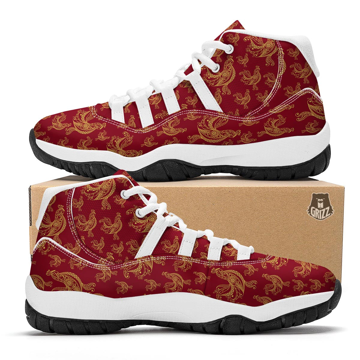 Rooster Pattern Print White Bball Shoes-grizzshop