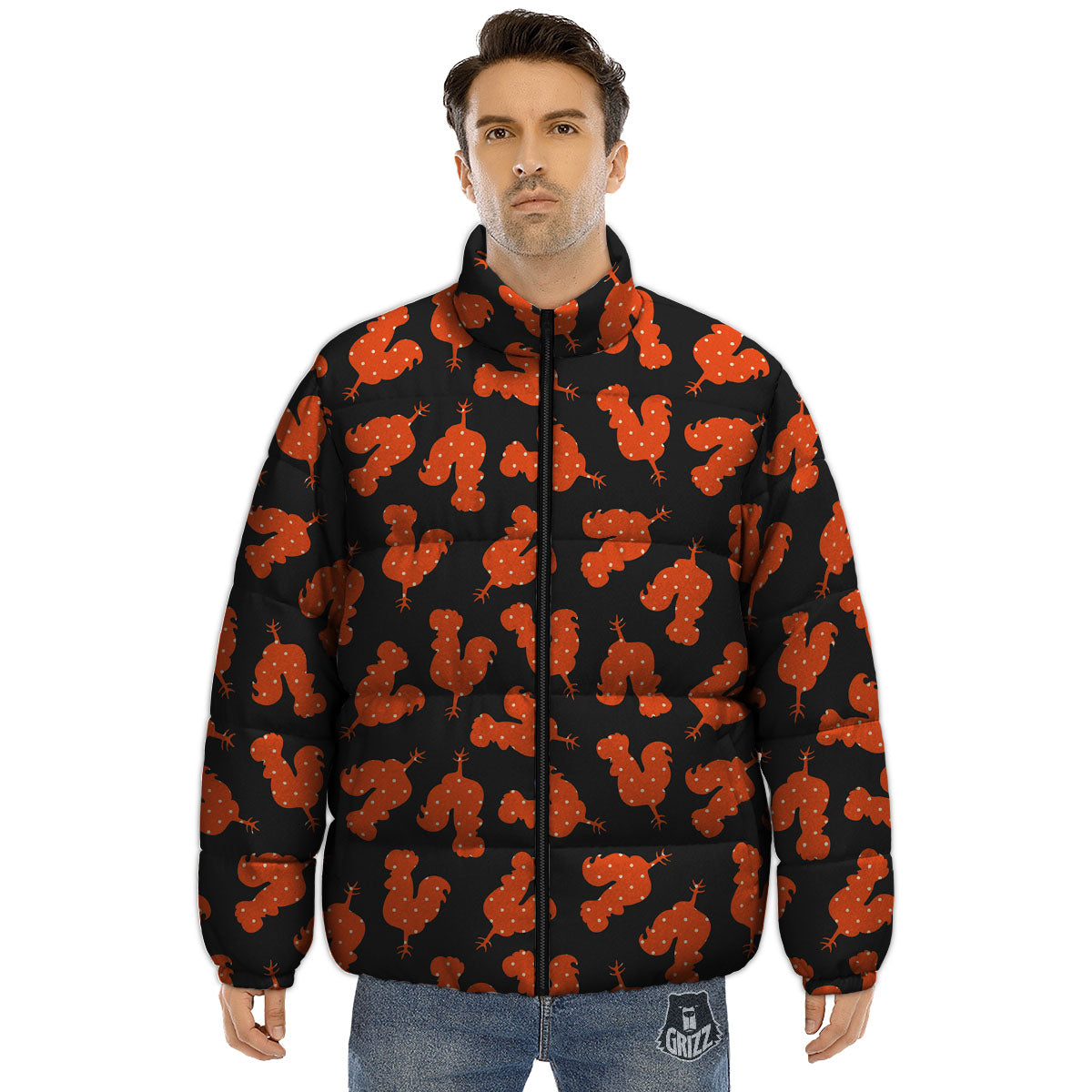Rooster Polka Dot Print Pattern Puffer Jacket-grizzshop