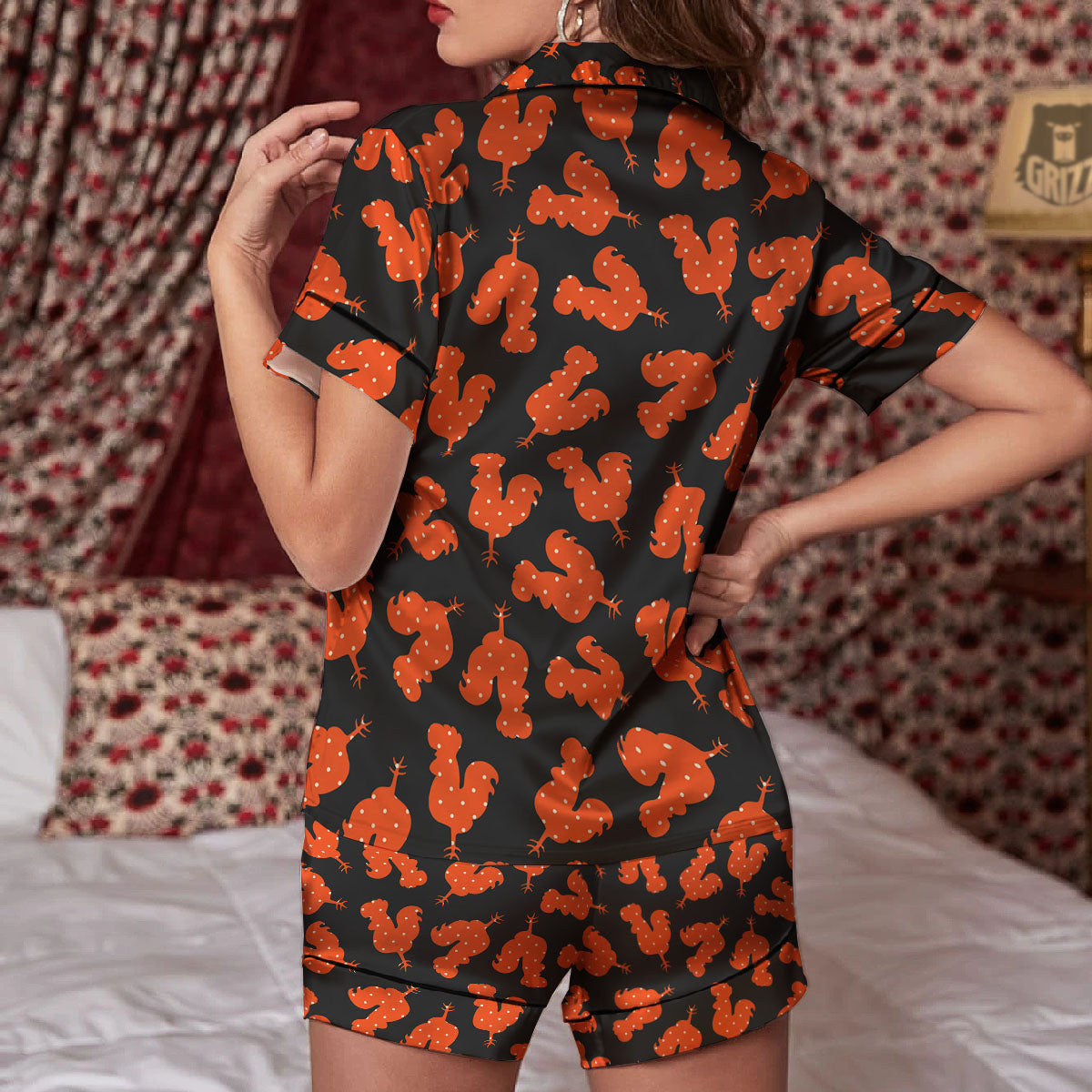 Rooster Polka Dot Print Pattern Women Silk Pajamas-grizzshop