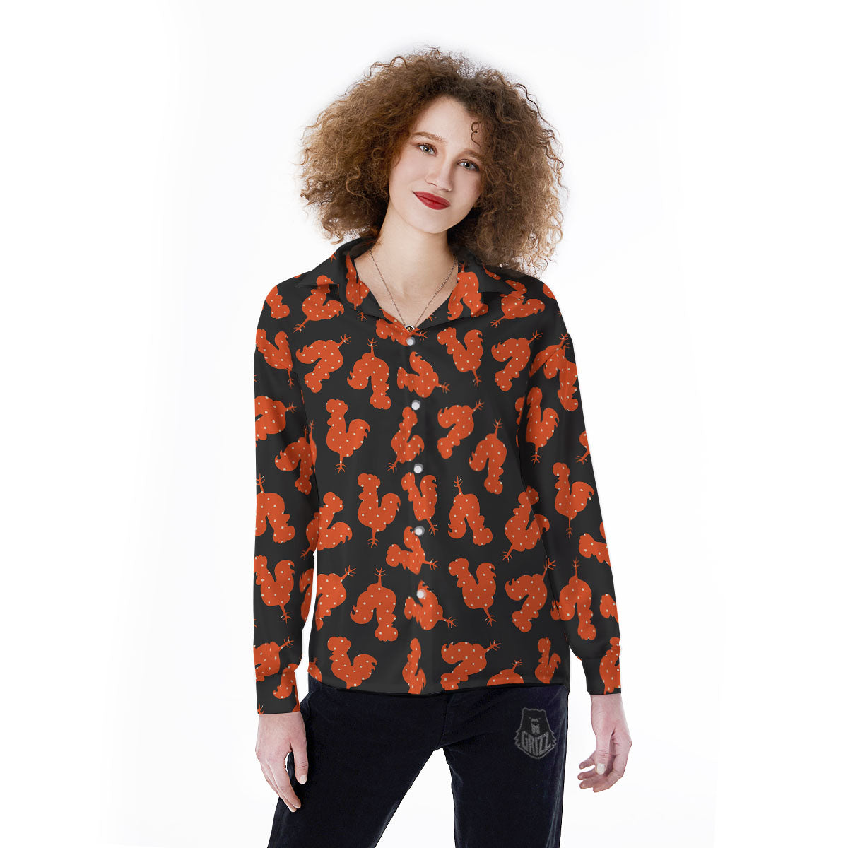 Rooster Polka Dot Print Pattern Women's Long Sleeve Shirts-grizzshop