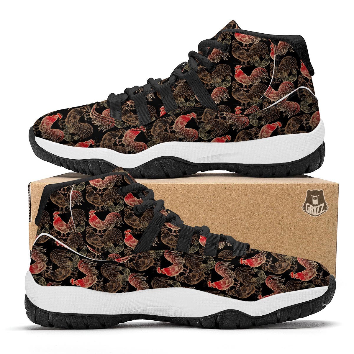Rooster Print Pattern Black Bball Shoes-grizzshop
