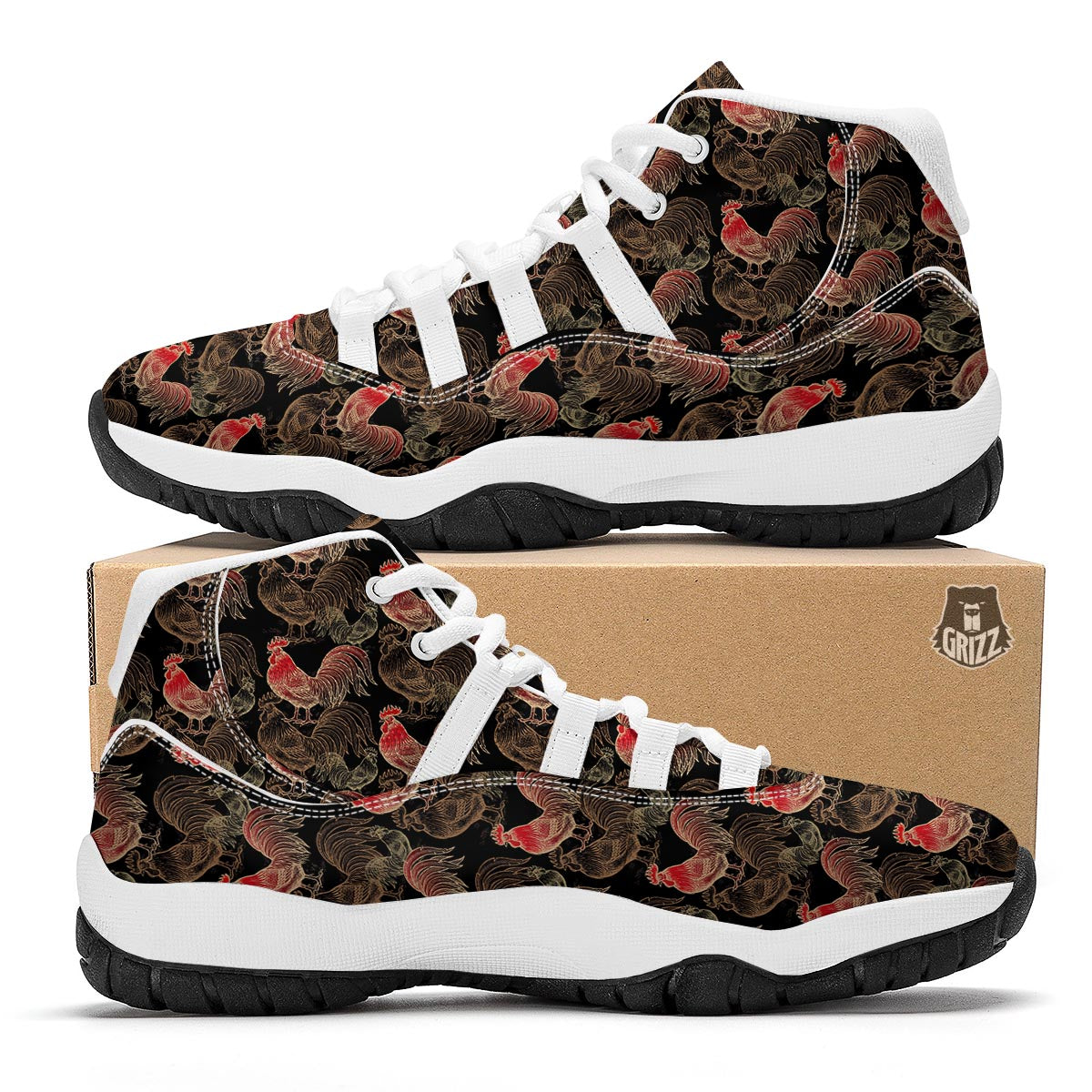 Rooster Print Pattern White Bball Shoes-grizzshop