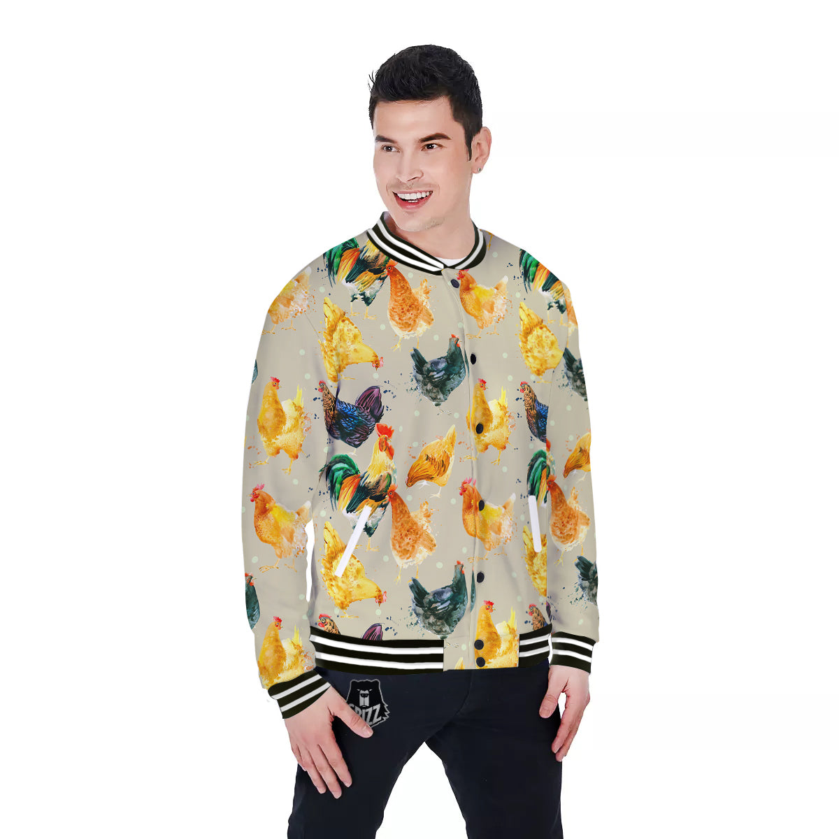 Rooster Watercolor Print Pattern Baseball Jacket-grizzshop