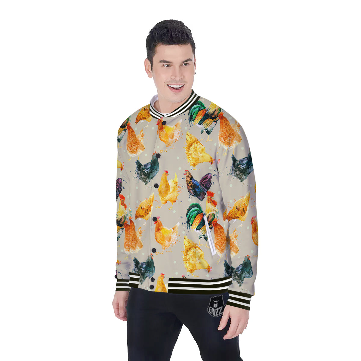 Rooster Watercolor Print Pattern Baseball Jacket-grizzshop