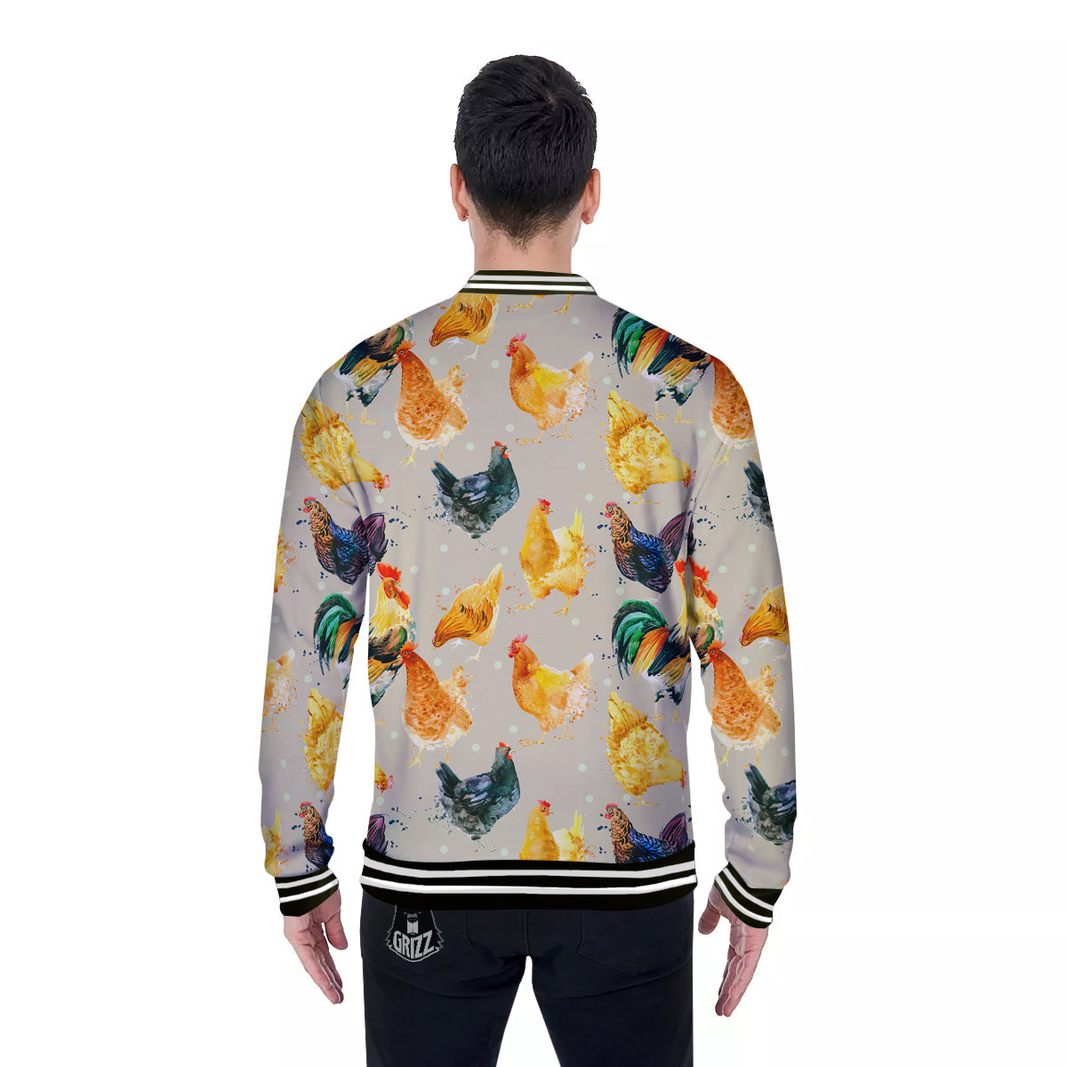 Rooster Watercolor Print Pattern Baseball Jacket-grizzshop